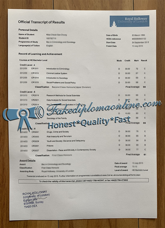 Royal Holloway University of London transcript