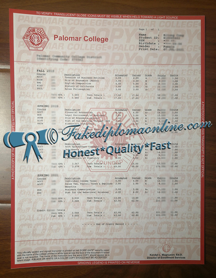 Palomar College transcript