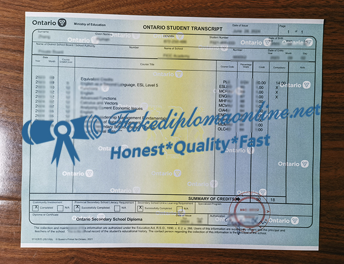 Ontario Secondary School transcript